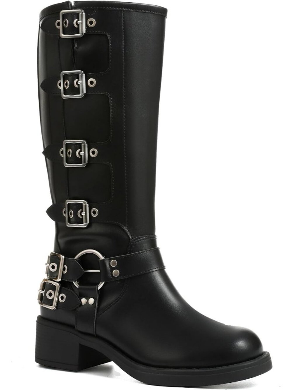 Women's Black Pull On Wide Calf Riding Buckles Chunky Metallic Knee High Boot